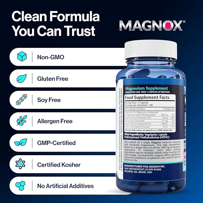 MAGNOX® Buster | Patented Clinically Tested 380mg Magnesium Supplement for Spasms & Leg Cramps at Night | One Capsule a Day for Almost Full Dosage | 3X More Absorption | Dead Sea Minerals (60 Caps)