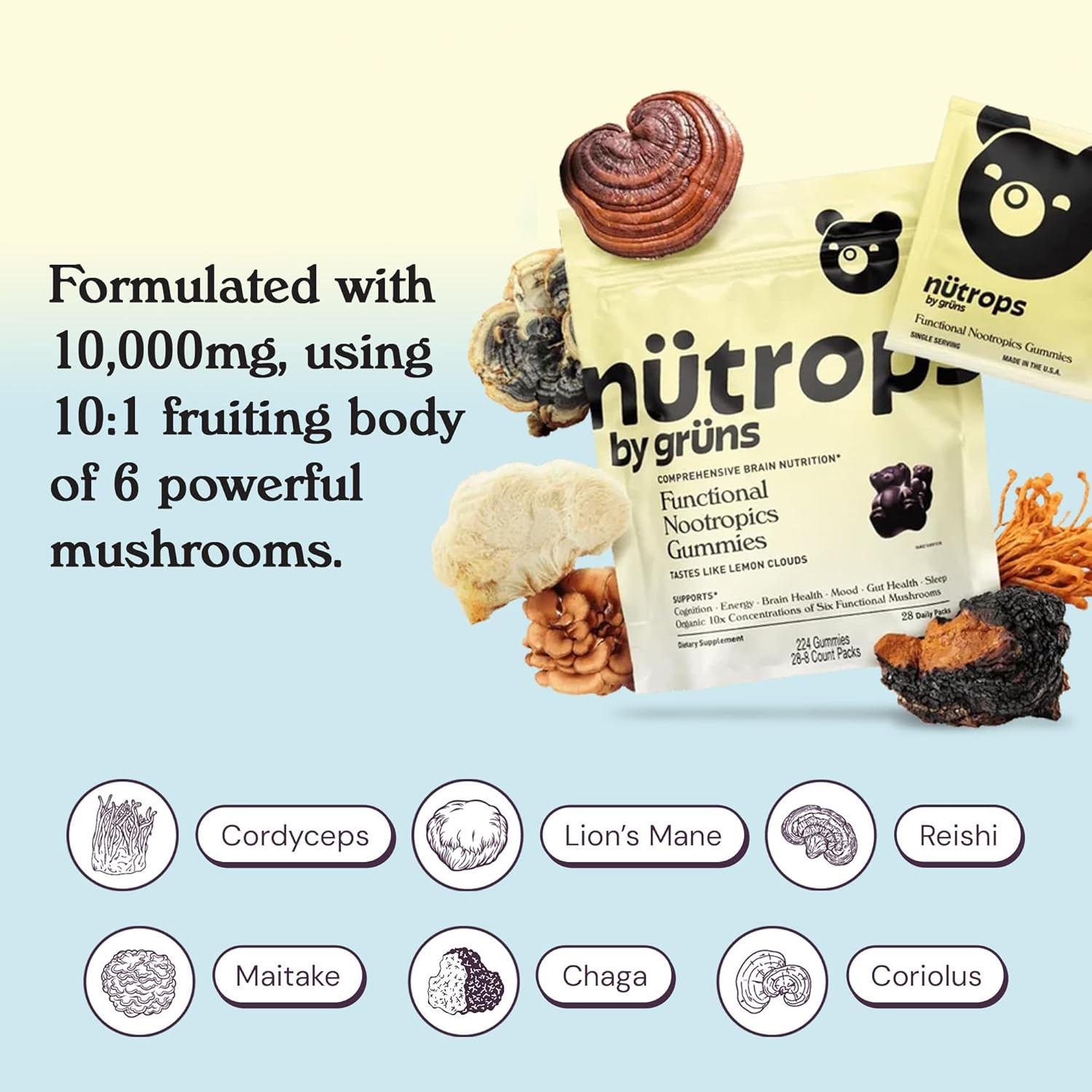 Nutrops Lions Mane Mushroom Gummies for Adults, Functional Nootropics, Herbal Brain Supplement for Energy, Brain Health, Cognitive, Memory & Focus, Reishi, Chaga, Cordyceps, Coriolus, 28 Daily Packs