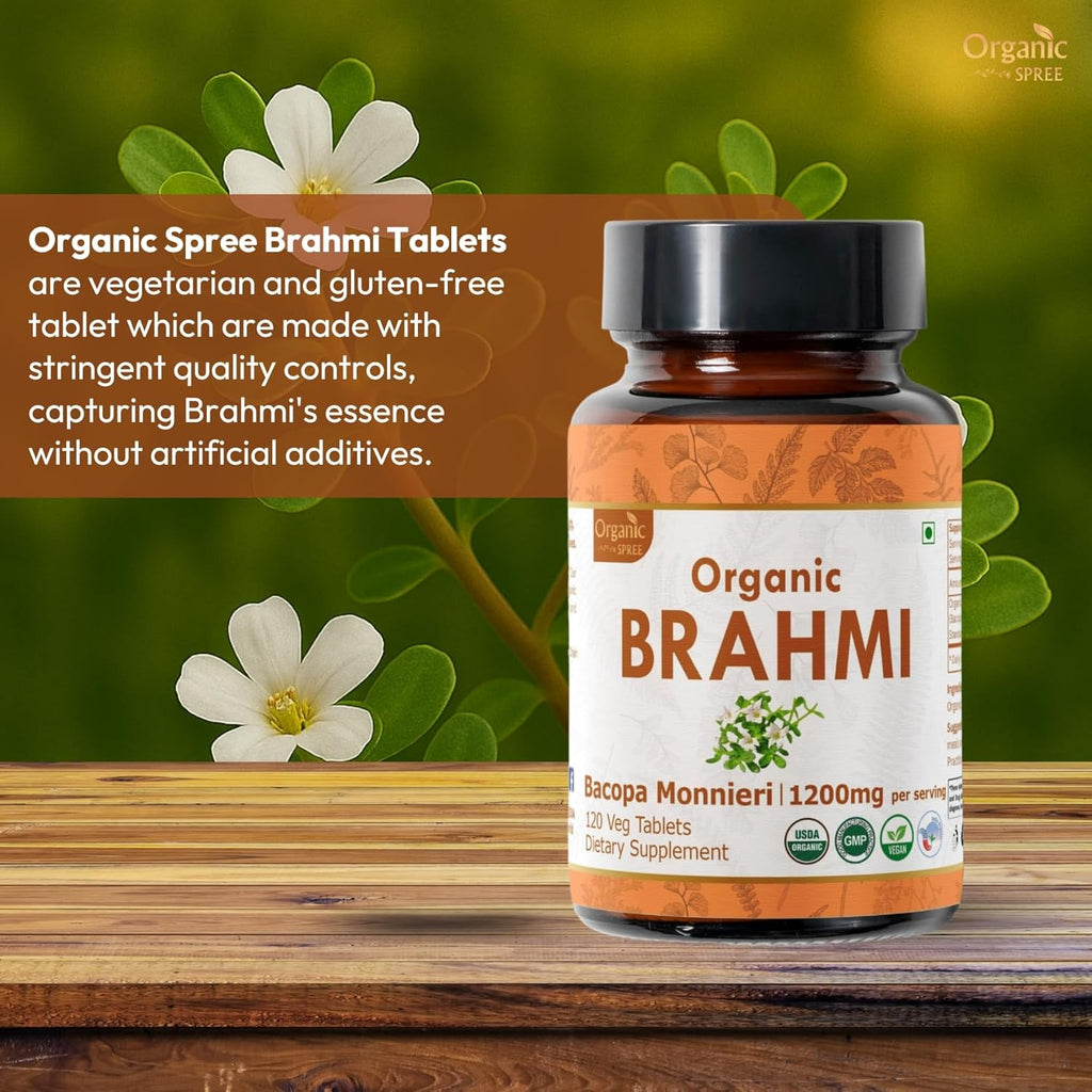 Brahmi 120 Tablets – USDA Organic Bacopa Monnieri Supplement – Supports Focus, Calm & Memory – Herbal Nootropic* - Pack of 2