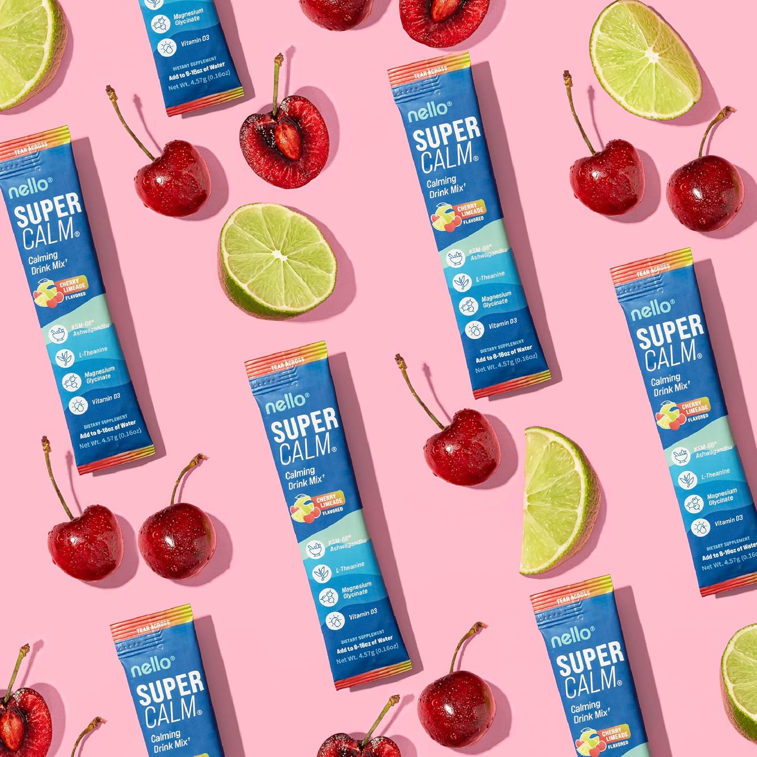 Supercalm Drink Mix - Ashwagandha KSM 66, Magnesium Glycinate & L-Theanine Supplement - Ashwagandha Root Extract - Focus and Relaxation Support (20 Travel Packets) - Cherry Limeade