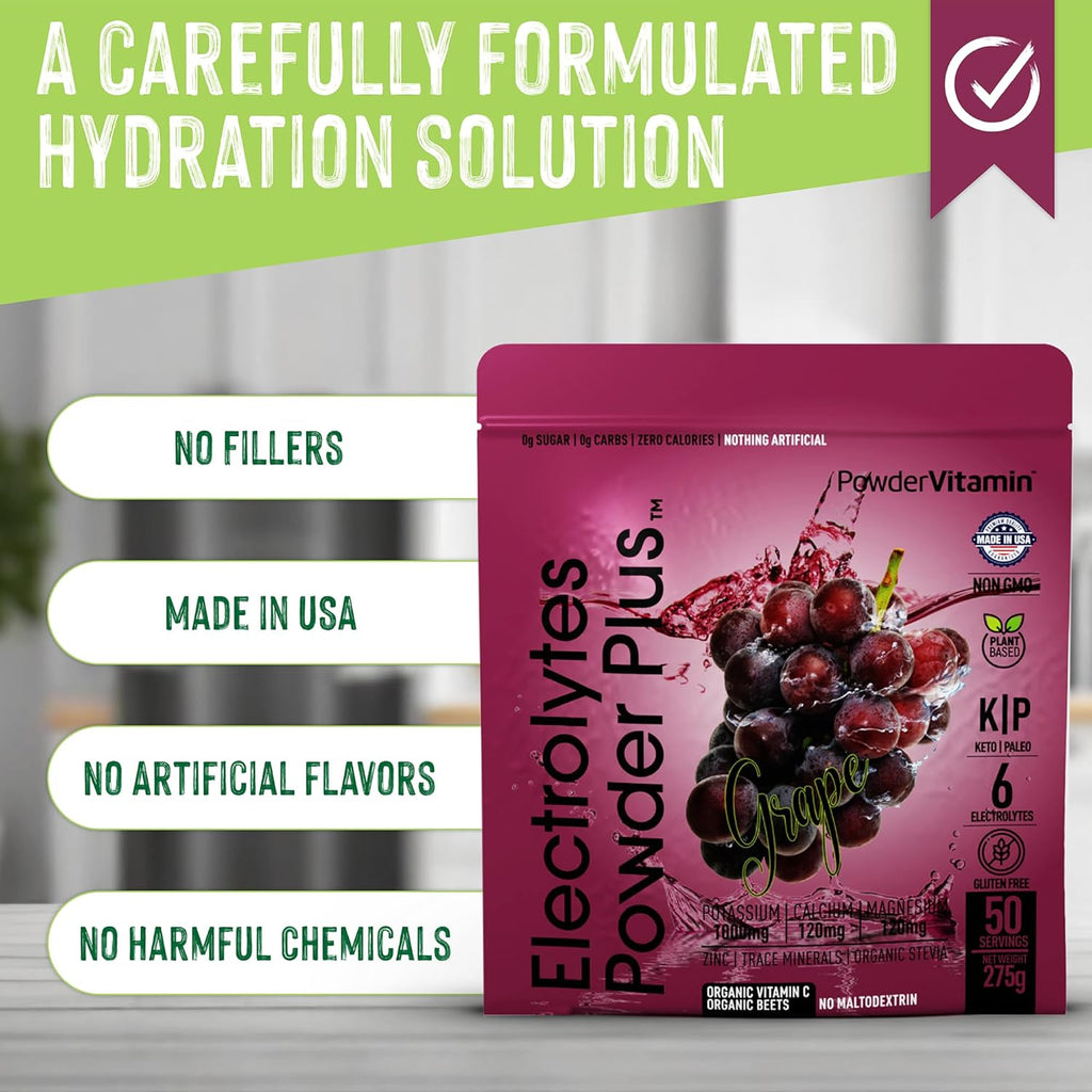PowderVitamin Electrolytes Powder Plus (50 Servings) Grape Electrolyte Powder Zero Calorie Keto, 0 Sugar, No Maltodextrin,1000mg Potassium,120mg Calcium,120mg Magnesium, Hydration Powder