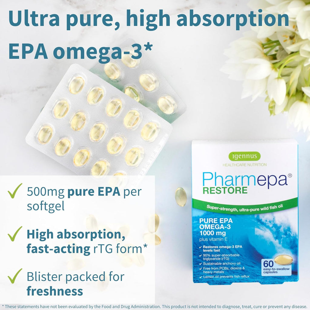Igennus Pharmepa Restore, Pure EPA 1000mg, Omega 3 rTG Fish Oil, IFOS Certified, High Absorption, 90% Concentration Triple Strength, Wild & Sustainable, Lemon Flavor, 10-Month Supply, Pack of 10