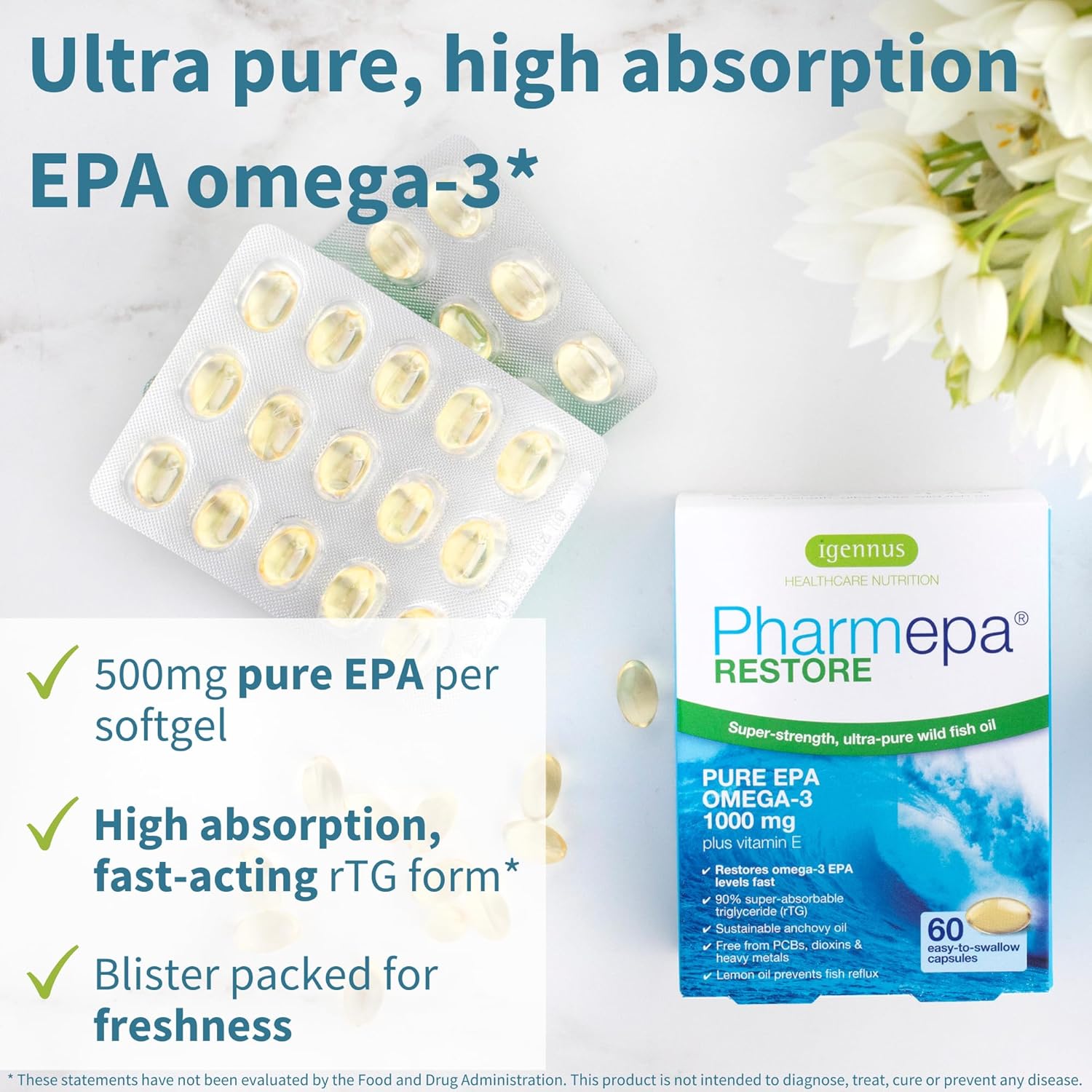 Igennus Pharmepa Restore, Pure EPA 1000mg, Omega 3 rTG Fish Oil, IFOS Certified, High Absorption, 90% Concentration Triple Strength, Wild & Sustainable, Lemon Flavor, 10-Month Supply, Pack of 10
