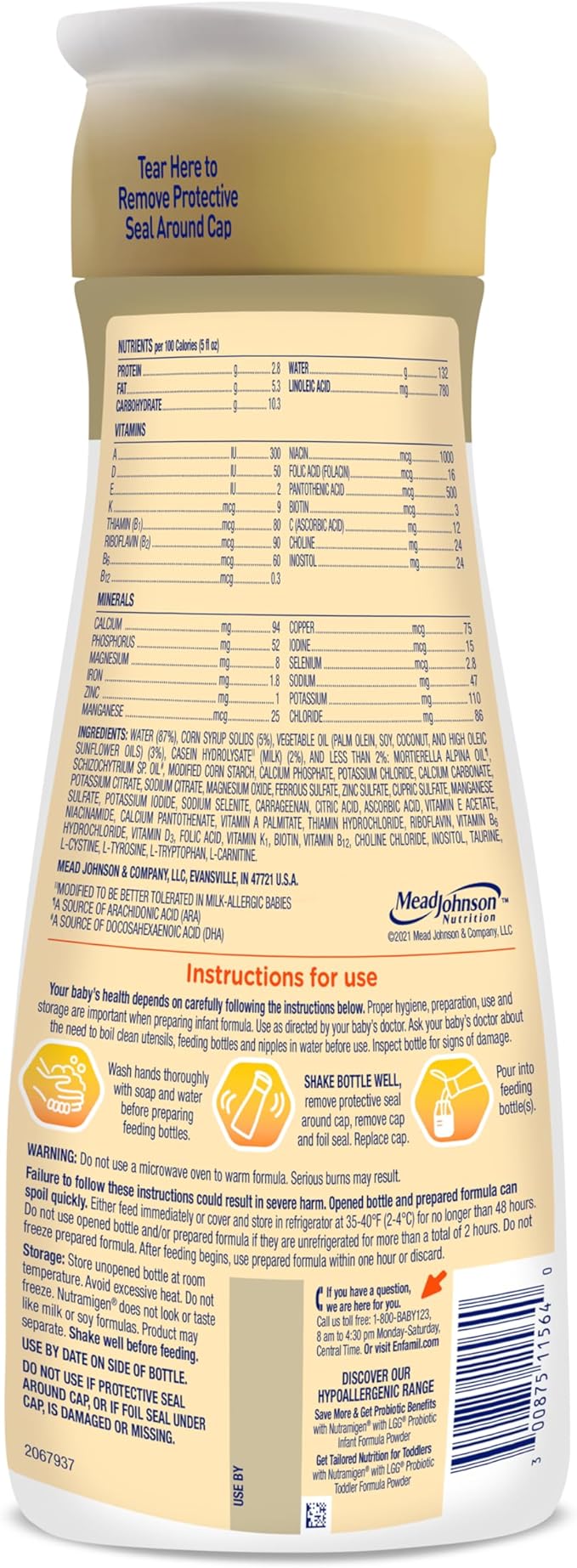 Enfamil Nutramigen Hypoallergenic Baby Formula with Iron, Lactose Free, Colic Relief from Cow's Milk Allergy Starts in 24 Hours, Brain Building DHA, Probiotic LGG for Immune Support, 32 Fl Oz, 6 Count