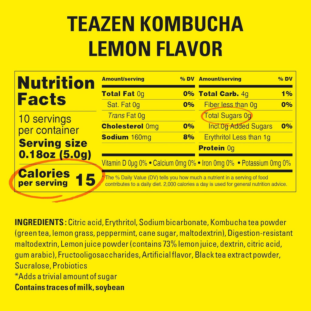 TEAZEN Lemon Kombucha Tea, Hydration Drink Mix, Sugar Free, Live Probiotics & Prebiotics, 10 Sticks, 1.76oz