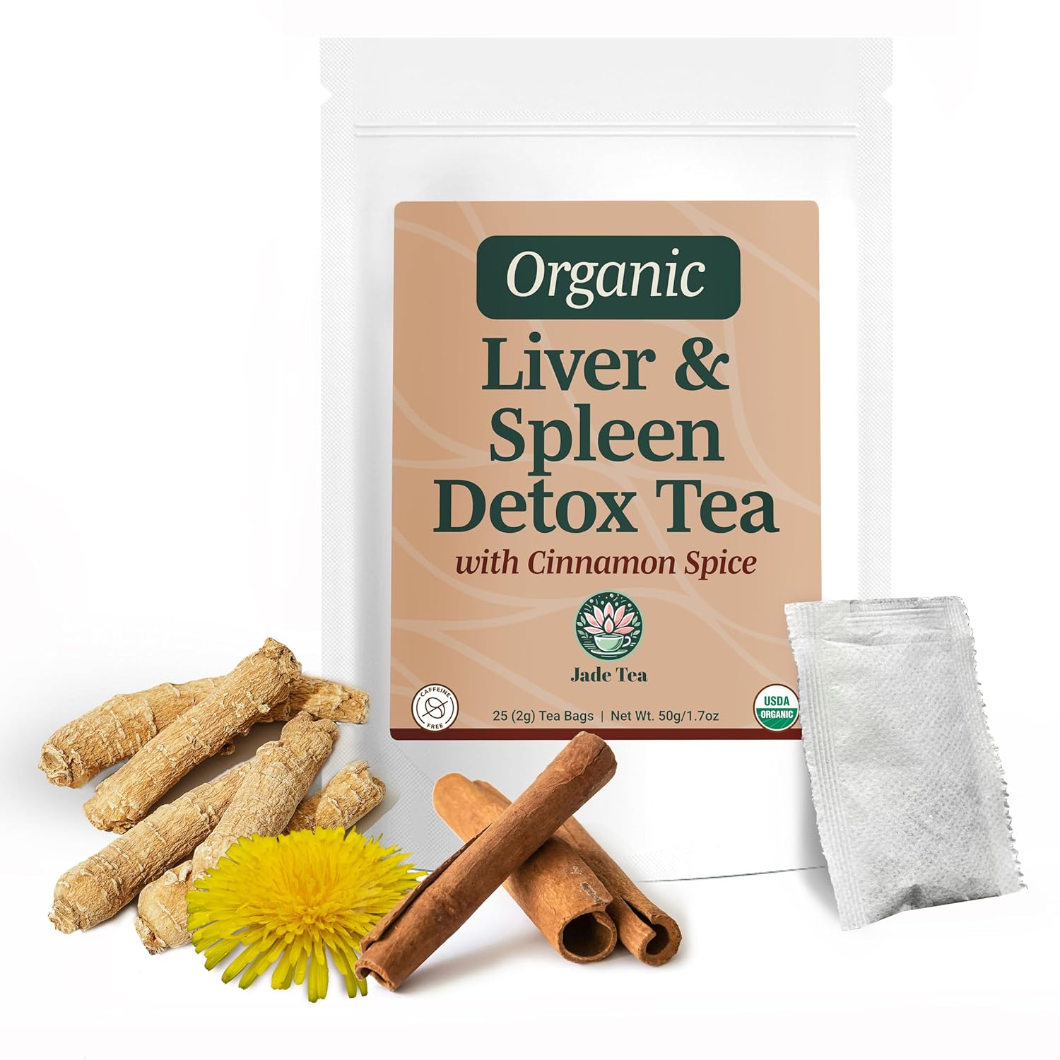 Jade Tea Organic Dandelion Root Tea For Liver & Spleen Detox Tea - Burdock Root, Ginger Root, & Orange Peel - Supports Liver, Kidney, Gallbladder, & Spleen Health - Cinnamon Spice, Made In USA