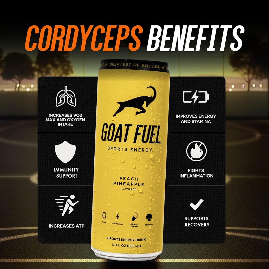 G.O.A.T. Fuel Energy Drink, Co-Founded by Jerry Rice, Natural Caffeine, Electrolytes, BCAAs, Cordyceps Mushrooms & Antioxidants, Light Carbonation Pre Workout, 12 Pack, 12 FL Oz, Peach Pineapple