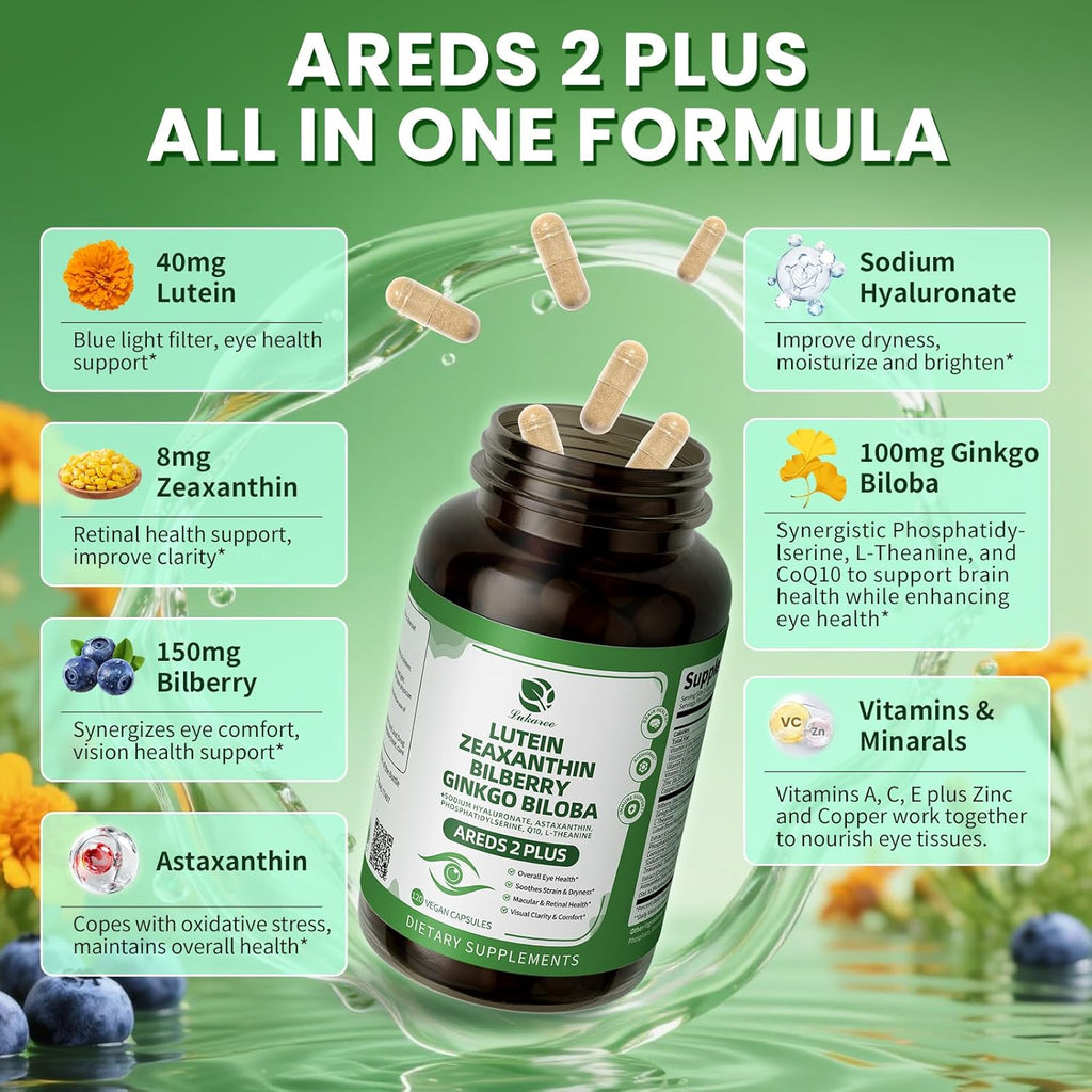 Lutein and Zeaxanthin Supplements - Advanced AREDS 2 Eye Vitamins - Bilberry Supplement for Eyes, with Astaxanthin, Ginkgo Biloba, Sodium Hyaluronate - for Eye Health & Brain Support, 120 Capsules