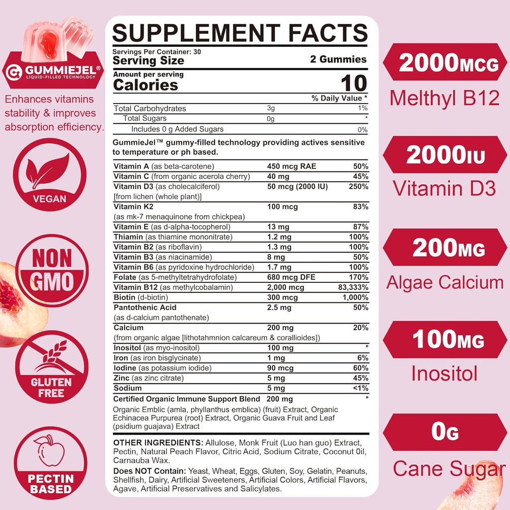 Methylated Multivitamin for Women Gummies, Calcium, D3 K2, Methylfolate & B12, Inositol, Daily Vitamin A, C, E, B Complex, Biotin, Iron - Energy, Immune, Bone, Skin Hair - Vegan, Sugar Free, 60 Count