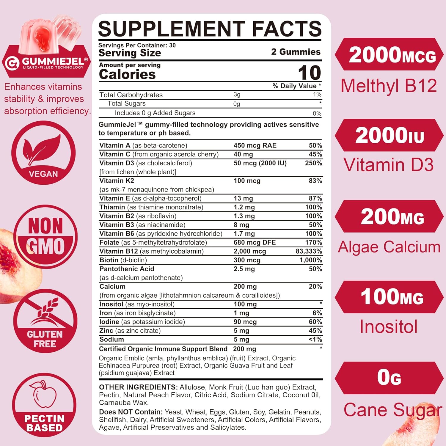 Methylated Multivitamin for Women Gummies, Calcium, D3 K2, Methylfolate & B12, Inositol, Daily Vitamin A, C, E, B Complex, Biotin, Iron - Energy, Immune, Bone, Skin Hair - Vegan, Sugar Free, 60 Count