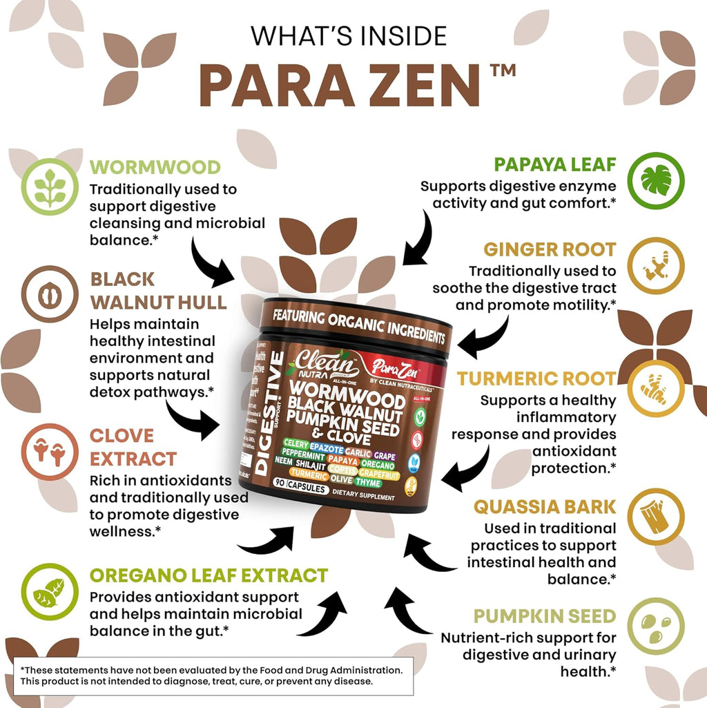 Clean Nutra Wormwood Black Walnut Pumpkin Seed Clove Oil Celery Garlic Grape Papaya Neem Diatomaceous Earth Womens Probiotic Gut Health Cleanse Detox Oregano Olive Turmeric Supplement Vegan Capsules