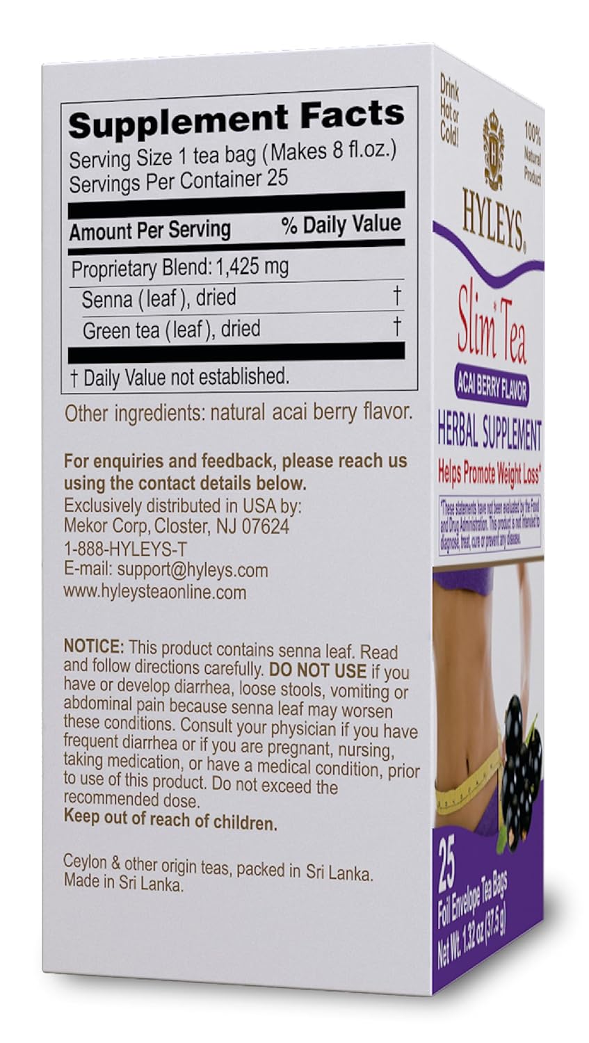 Hyleys Slim Tea Acai Berry Flavor - Weight Loss Herbal Supplement Cleanse and Detox - 25 Tea Bags (6 Pack)