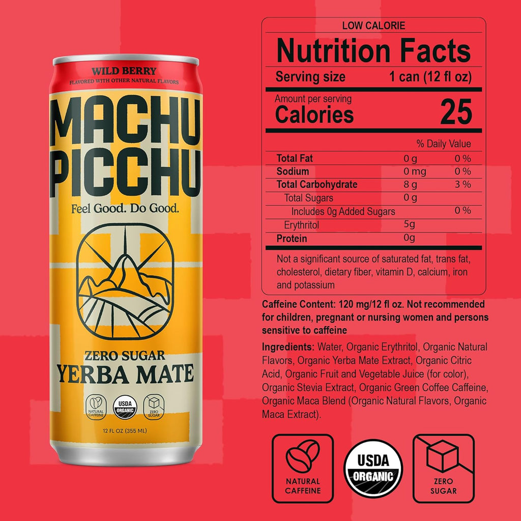 MACHU PICCHU ENERGY, Non-Carbonated Zero Sugar Yerba Mate, Clean Energy Drink Alternative, 12oz (Pack of 12) – 120mg Organic Green Coffee Bean Caffeine, Low Calorie, USDA Organic, No Artificial Flavors (Wild Berry)