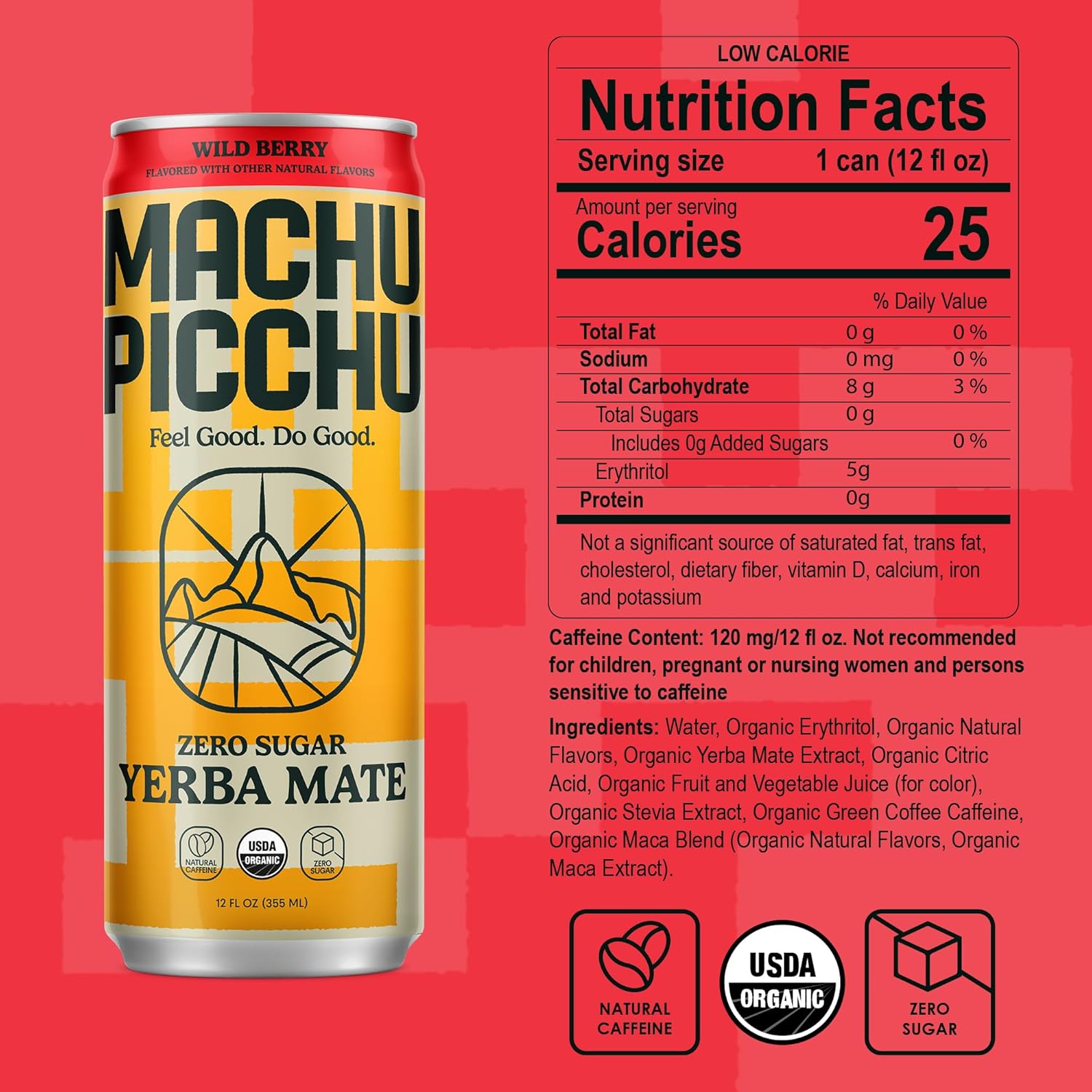 MACHU PICCHU ENERGY, Non-Carbonated Zero Sugar Yerba Mate, Clean Energy Drink Alternative, 12oz (Pack of 12) – 120mg Organic Green Coffee Bean Caffeine, Low Calorie, USDA Organic, No Artificial Flavors (Wild Berry)