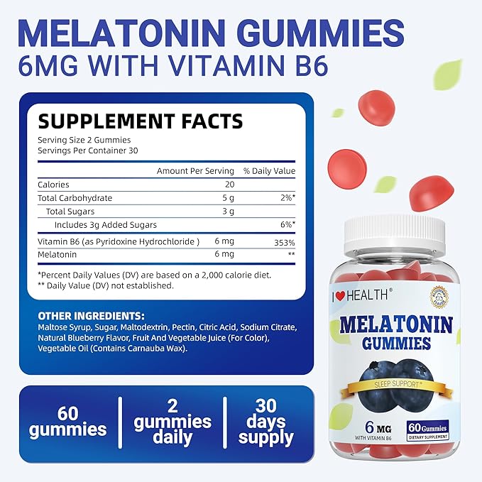 Sleep Gummies with Melatonin 6mg + Vitamin B6 6mg – Dual Action Sleep Support for Adults – Natural Blueberry Flavor – Non-Habit Forming, Vegan – 60 Gummies – cGMP Certified
