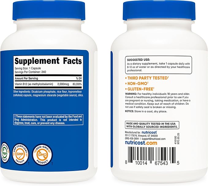 Nutricost Vitamin B12 (Methylcobalamin) 2000mcg, 240 Capsules - Vegetarian Caps, Non-GMO, Gluten Free B12 Supplement (Pack of 2)