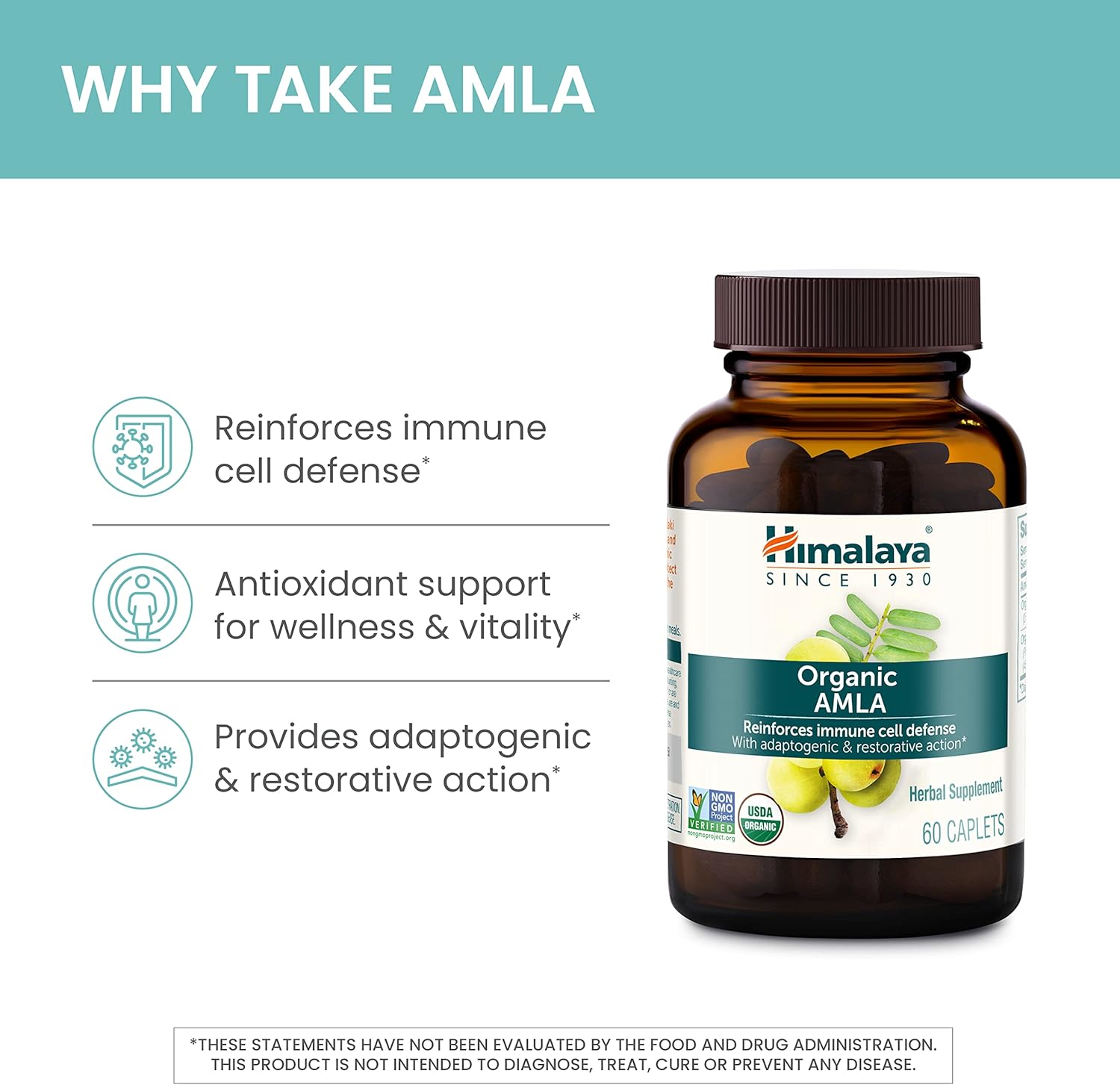 Himalaya Organic Amla/Amalaki for Active Immune Support and Cellular Defense, 600 mg, 60 Caplets, 2 Month Supply, 2 Pack