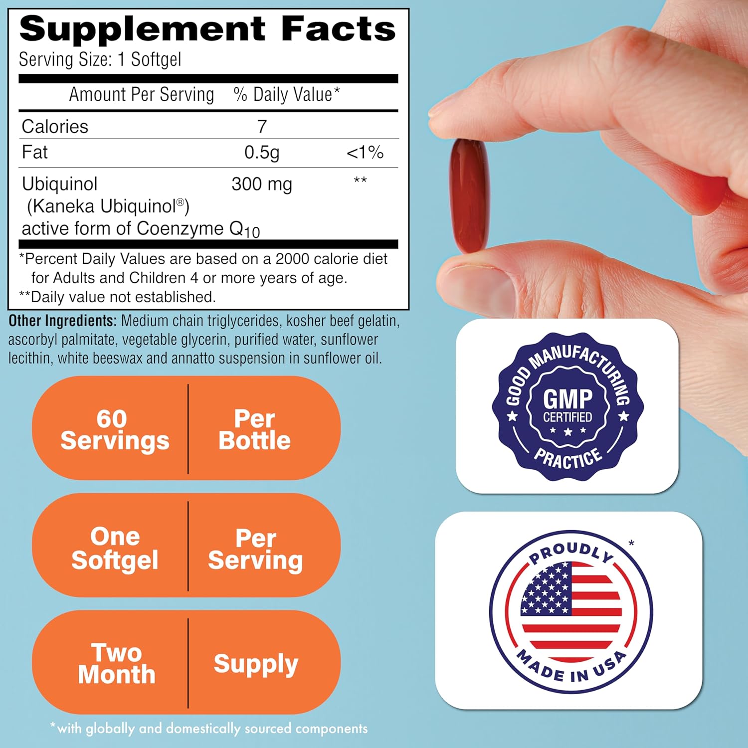 Health Thru Nutrition Ubiquinol 300mg 60 Softgels as Kaneka QH Reduced CoQ-10 | Stabilized - 3rd Party Tested | Enhanced Bioavailability | Cardiovascular & Mitochondria Function Support | Non-GMO