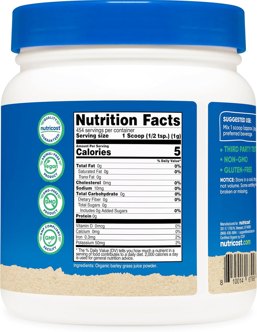Nutricost Organic Barley Grass Juice Powder (1 LB) (Unflavored)