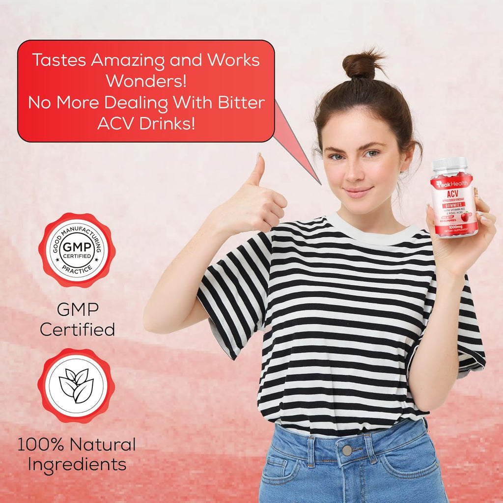 Apple Cider Vinegar Gummies with Vitamins - Delicious Apple Flavor for Women's Health, Metabolism Support & Digestive Wellness, 1000mg ACV with B12, B6, Folic Acid, 60 Vegan Gummies