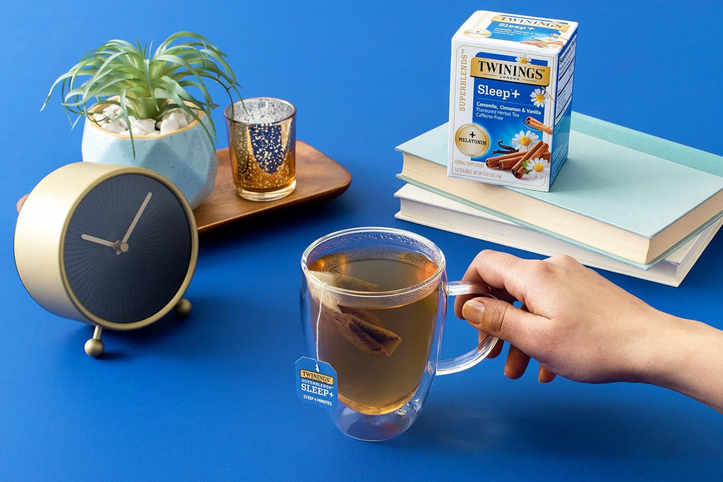Twinings Superblends Sleep+ Herbal Tea with 1mg Melatonin Camomile, Cinnamon & Vanilla, Naturally Caffeine-Free, 16 Tea Bags (Pack of 1), Enjoy Hot or Iced