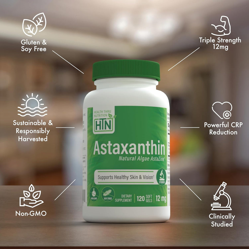 Health Thru Nutrition Astaxanthin Triple Strength 12mg Supplement 120 Softgels | AstaZine from Algae Organically Grown in Pristine Himalayan Water | Skin and Vision Support
