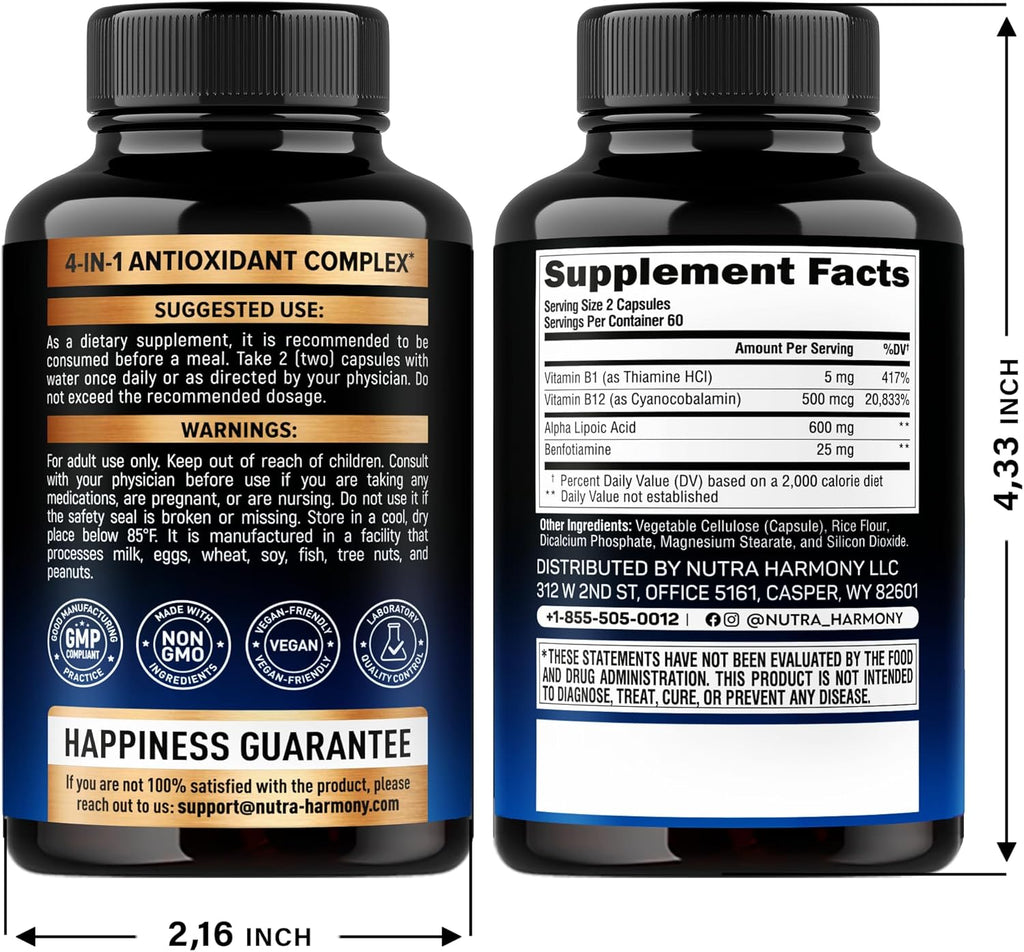 Alpha Lipoic Acid 600mg - ALA Supplement Antioxidant for Nerve, Energy & Metabolism Support - Extra Strength with Benfotiamine, B1 & B12 - Lab Tested, Non-GMO & Vegan - 120 Capsules, 2 Month Supply