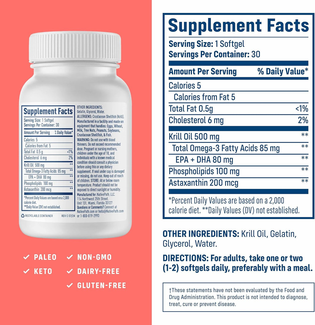 NativePath Wild-Caught Antarctic Krill Oil 500mg - Premium Astaxanthin 200mcg Phospholipid-Bound Omega-3 EPA DHA - Pure Formula GMP Certified Third Party Tested - 30 Softgels