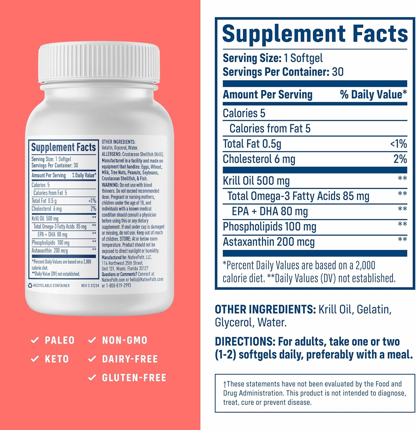 NativePath Wild-Caught Antarctic Krill Oil 500mg - Premium Astaxanthin 200mcg Phospholipid-Bound Omega-3 EPA DHA - Pure Formula GMP Certified Third Party Tested - 30 Softgels