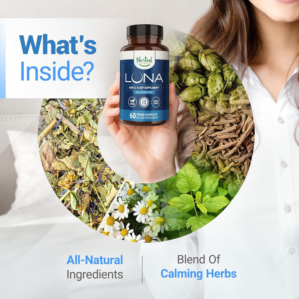 Nested Naturals Luna Melatonin-Free Pack of Two, Bedtime Supplement for Adults, Herbal Nighttime Sleeping Capsule, Valerian Root with Chamomile, Lemon Balm, Non-GMO, Gluten-Free