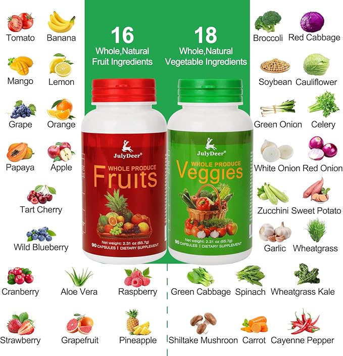 Fruit and Veggies Supplement Ingredients Natural – 4 Bottles 360 Total Vegetarian Capsules | Balance of Natural 16+18 Whole Fruits & Veggies Blend | Fresh Superfood Formula with Vitamins and Minerals