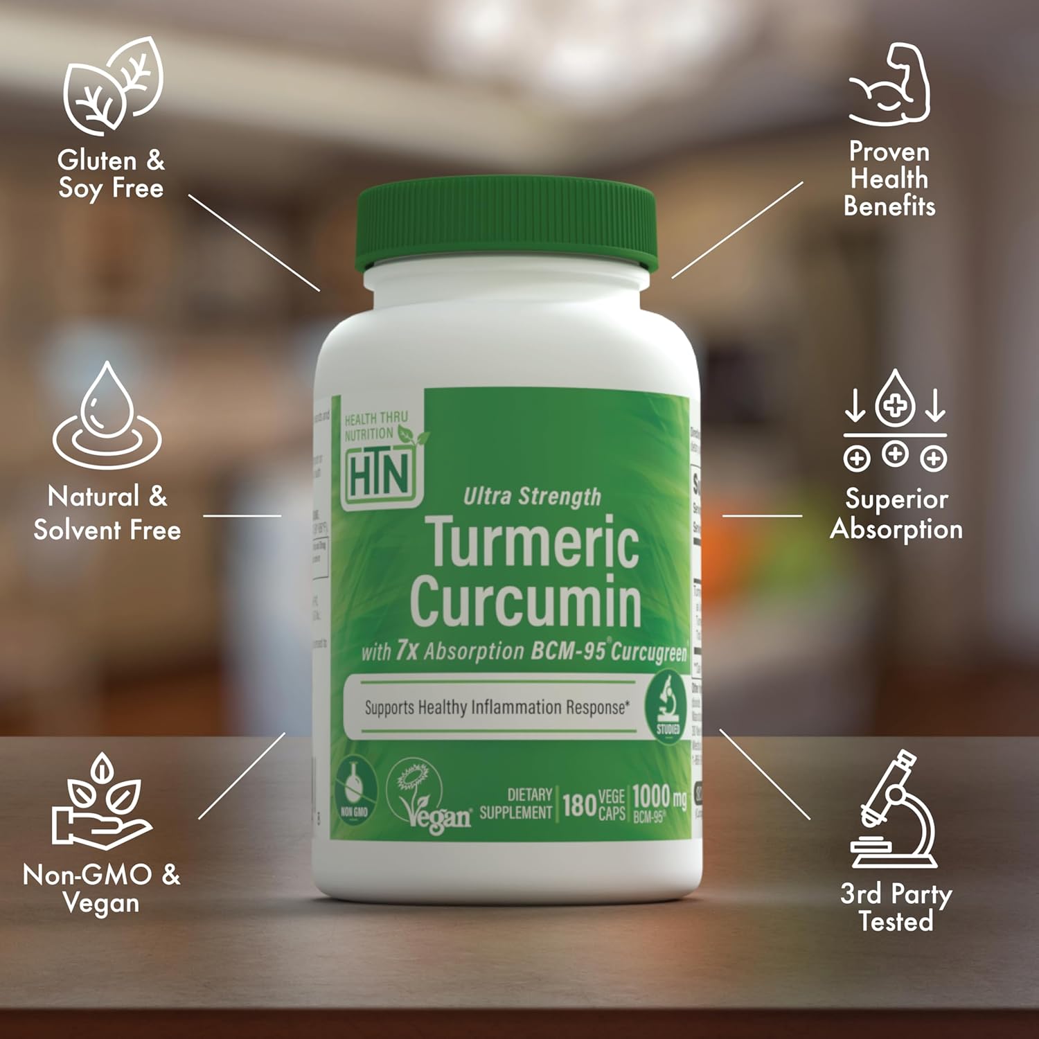 Health Thru Nutrition Turmeric Curcumin Complex 1000mg Supplement | as BCM-95 Curcugreen Clinically Studied | Vegan Certified (Pack of 180)