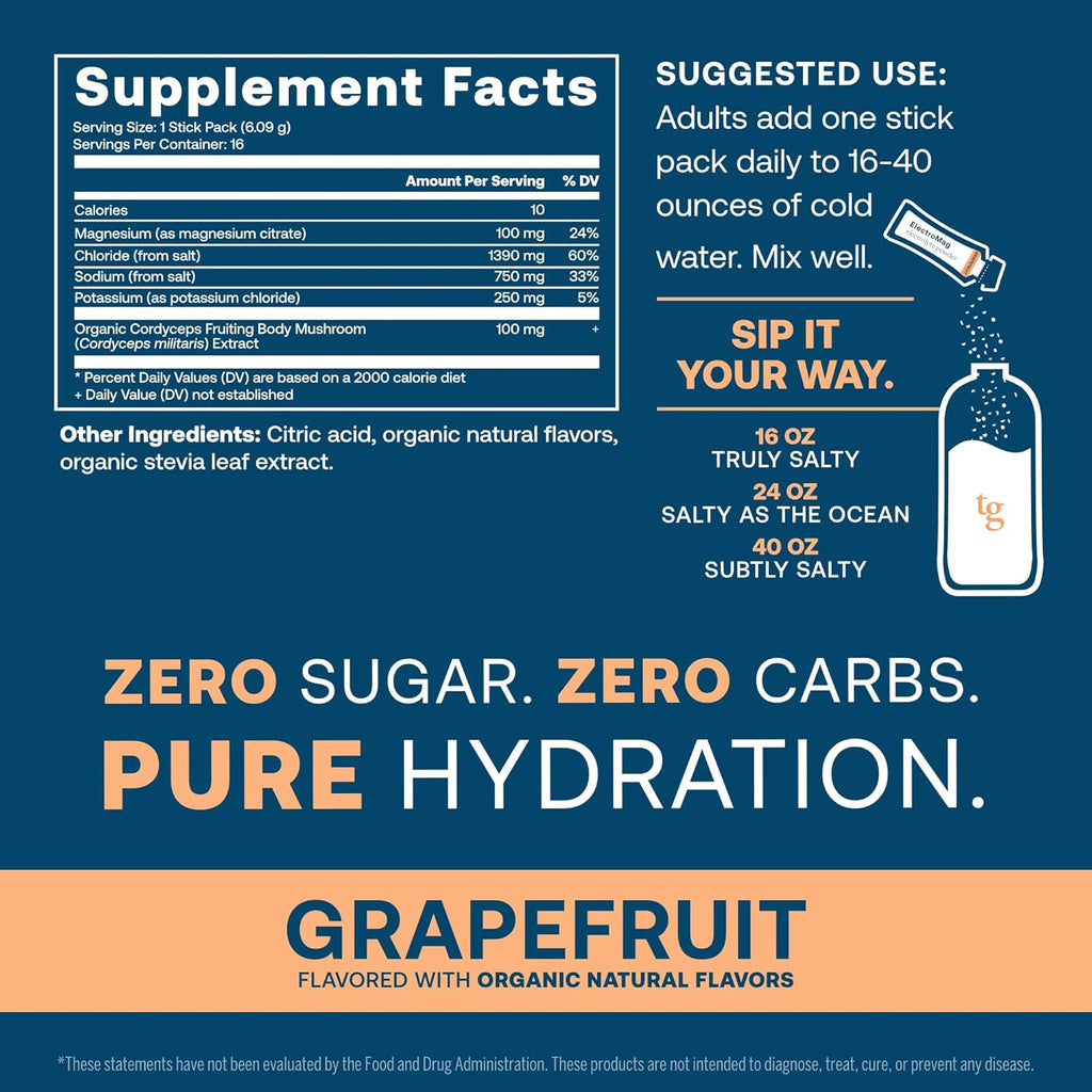 True Grace ElectroMag - 16 Stick Packs - Grapefruit - Electrolyte Powder for Rapid Hydration - Sodium, Potassium, Magnesium & Cordyceps - Zero Sugar & Carbs - Non-GMO - 16 Total Servings