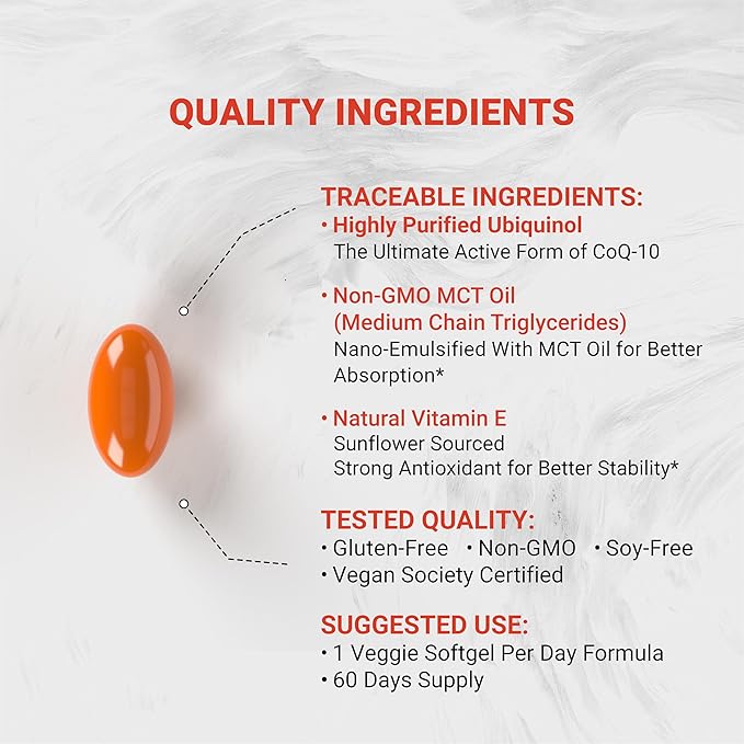 Naturalis Ubiquinol 100mg Active CoQ-10 Emulsified in MCT Oil for Better Absorption | Gluten Free, Non-GMO & Soy-Free | Cardiovascular Wellness, Antioxidant Protection, and Healthy Skin* | 60 Softgels