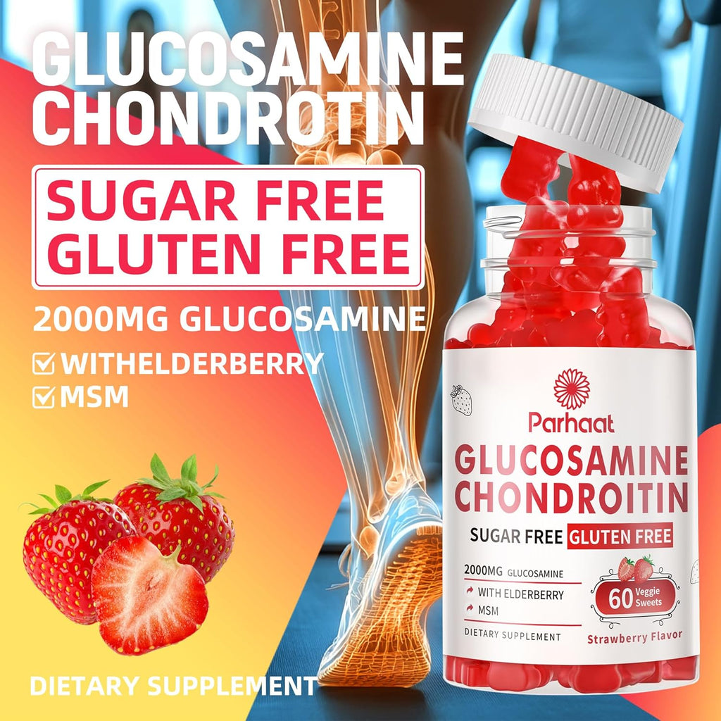 Glucosamine Chondroitin Gummies with MSM & Elderberry Extra Strength - Joint Support, Antioxidant Immune Support Supplement for Adults, Men & Women.Strawberry