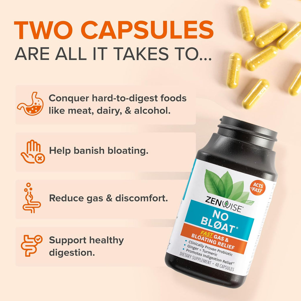 Zenwise Health No Bloat Digestive Enzymes for Gut Health, Gas & Bloating Relief - Multi Enzymes Digestion Supplement with Probiotics, Ginger, Turmeric Dandelion & Lactase - Men & Women - 48 Count
