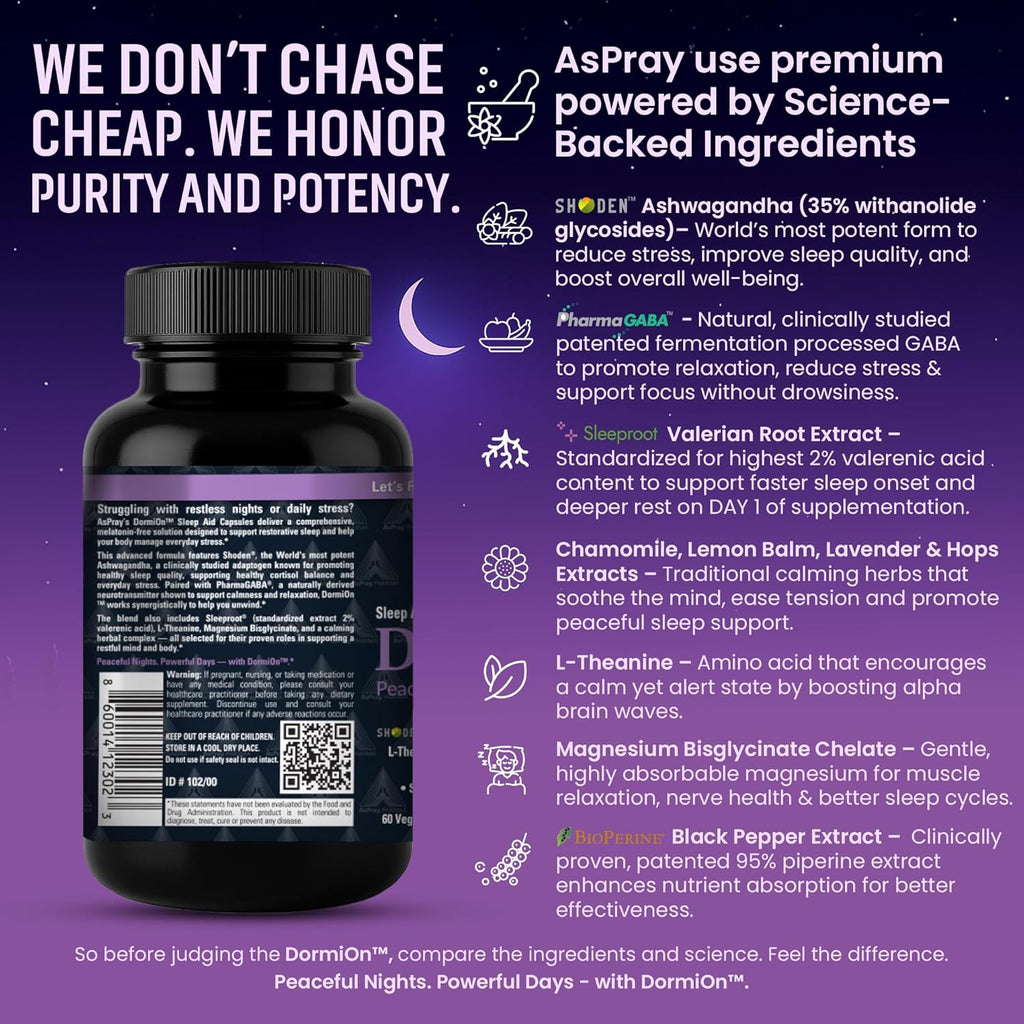 DormiOn™ Melatonin-Free Sleep Aid 10-in-1 Sleep, Stress, Cortisol, Mood & Memory Supports with Valerian, GABA, Ashwagandha, BioPerine, L-Theanine, Magnesium & Herbs – Wake Up Refreshed & No Grogginess