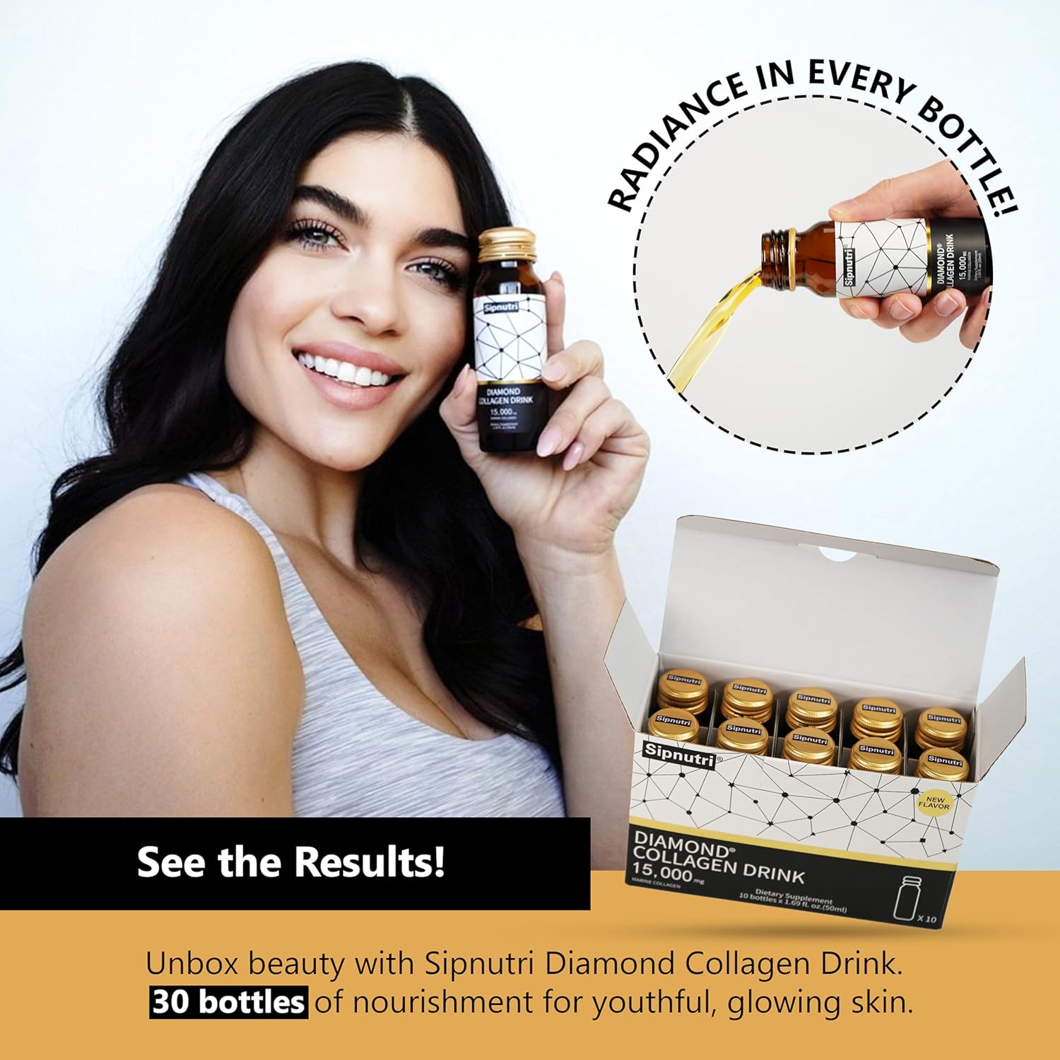 Diamond Liquid Collagen Drink, Gift for Women & Men, 15000 mg Hydrolyzed Marine Collagen Peptides with Vitamin C, Pomegranate, Hair Skin Nails Joints Bones Support, 50 ml x 30 Bottles