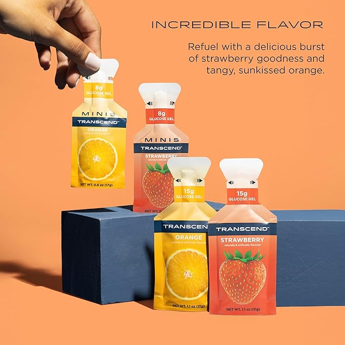 Transcend Foods Strawberry + Orange Gels (1.1 oz, Pack of 24) Fast-Acting Carb Gel Strawberry and Orange Flavor – Caffeine Free, Gluten Free