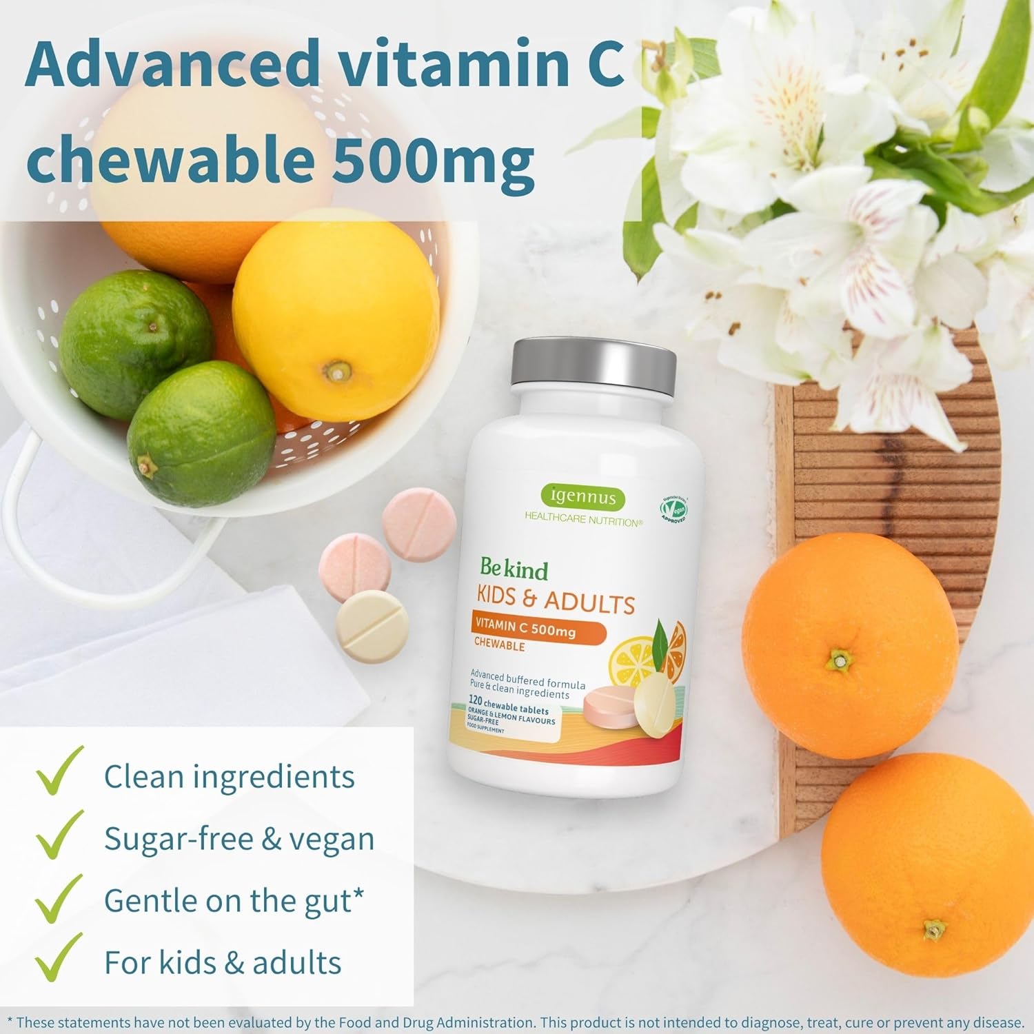 Igennus Gentle Buffered Vitamin C Chewable 500mg, No Artificial Colours & Natural Sugar Free Orange & Lemon Flavours, Kids & Adults, Vegan, Non-GMO, 120 Servings