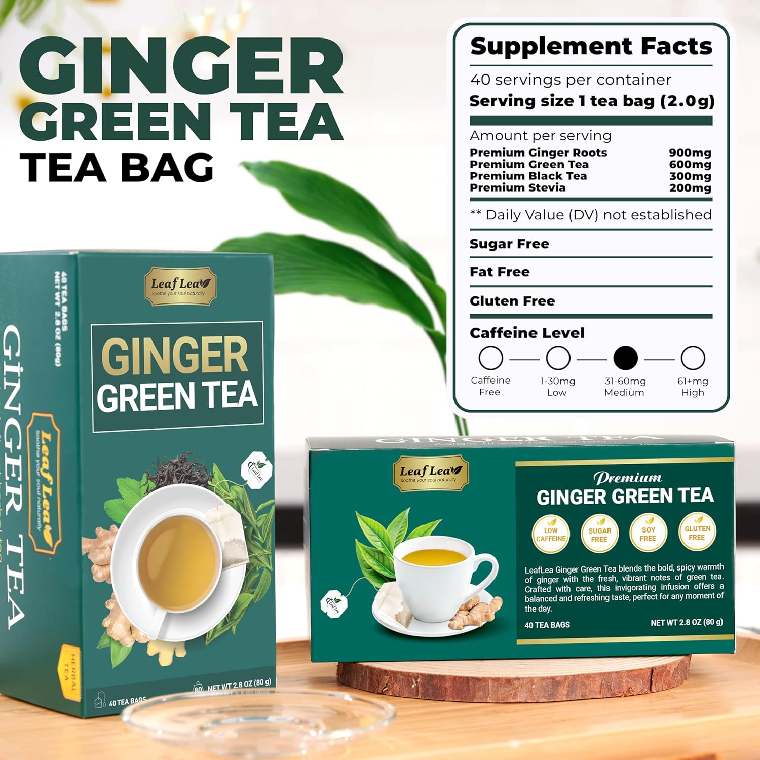 Premium Ginger Green Tea Bags Blend, Natural Green Tea with Ginger Tea Bags, Spicy and Warming Flavor Promotes Healthy Digestion, Ideal For Gift Box | 160 Tea Bags
