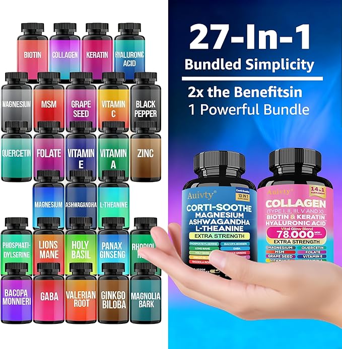 Shining Serenity Set, Calm & Collagen Bundle with Magnesium, Ashwagandha, L-Theanine, Multi Type Collagen, Biotin, Keratin & Hyaluronic Acid, Daily Mood & Beauty Support, 2 Bottle Pack