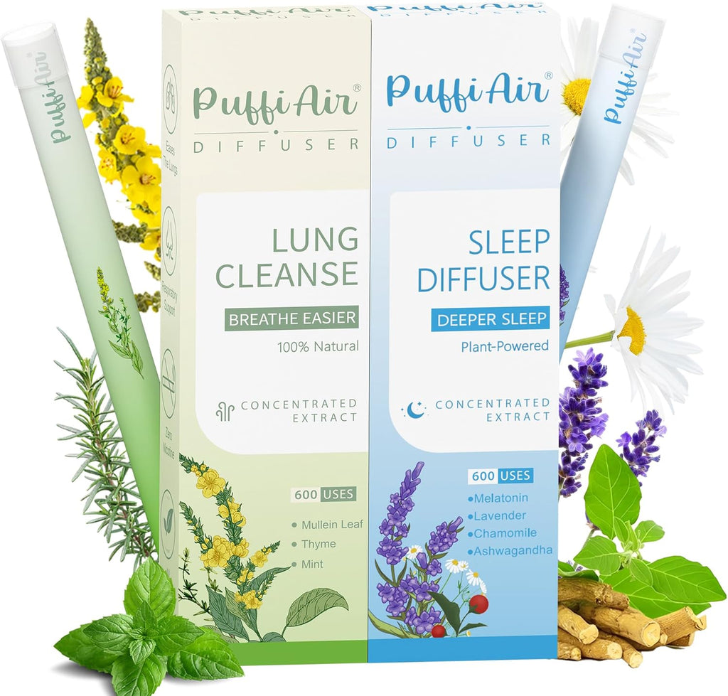 PUFFIAIR Herbal Diffuser Duo with Mullein, Melatonin & More 丨 Night & Day Relax Duo for Fresh Breath & Calm Sleep Support - 600 Uses Per Stick