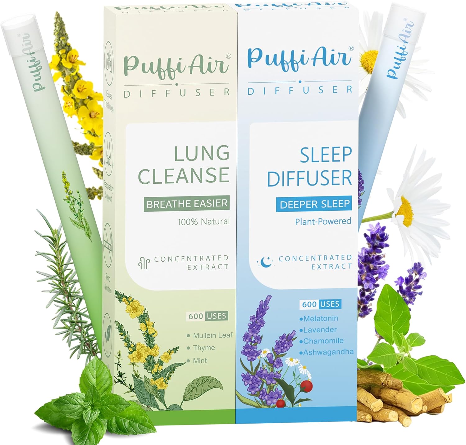 PUFFIAIR Herbal Diffuser Duo with Mullein, Melatonin & More 丨 Night & Day Relax Duo for Fresh Breath & Calm Sleep Support - 600 Uses Per Stick