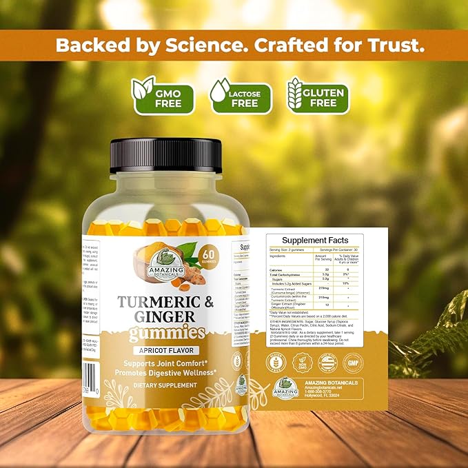 Amazing Botanicals Turmeric & Ginger Gummies – 270 mg Turmeric Extract & 12 mg Ginger per Serving – Apricot Flavor – 60 Gummies – Vegan, Gluten-Free, Non-GMO – Dietary Supplement