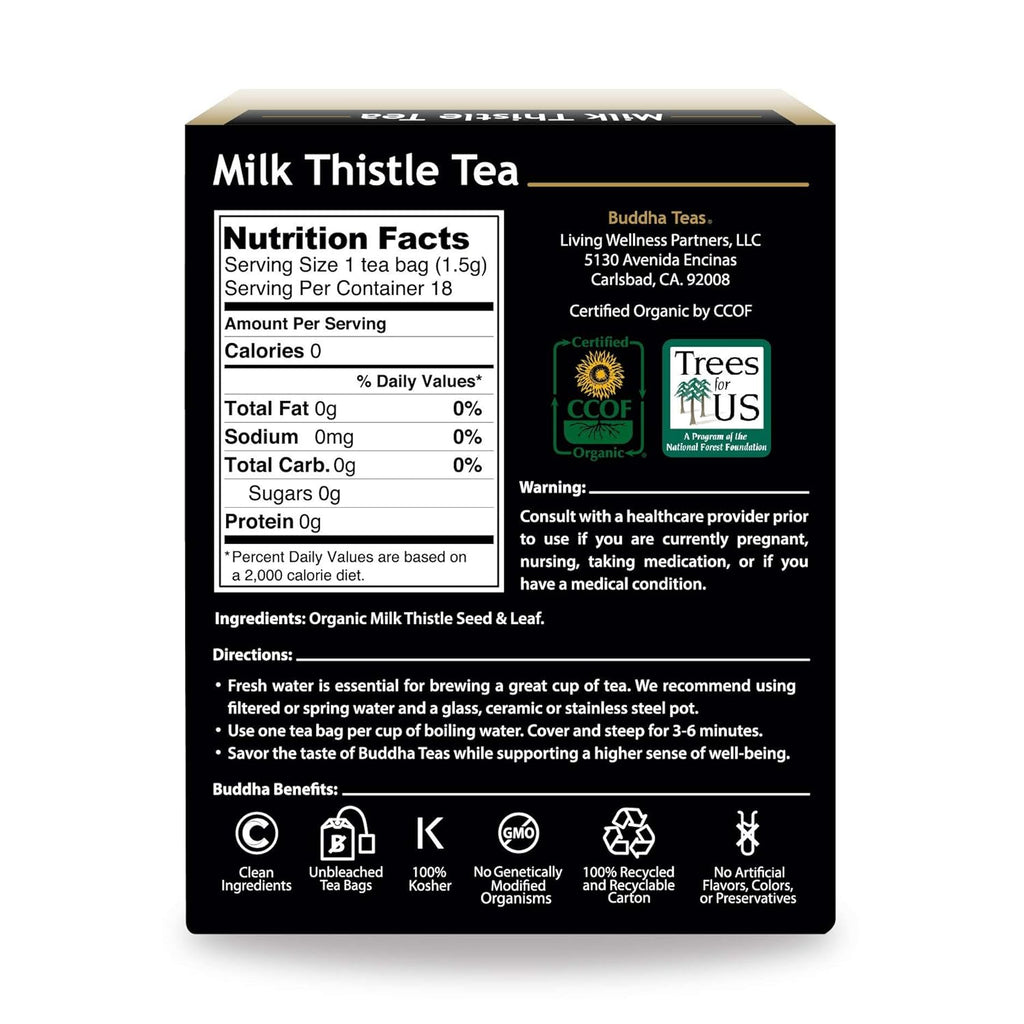 Buddha Teas - Organic Milk Thistle Tea - Herbal Tea - Promote Cleansing & Wellness - With Antioxidants & Minerals - Clean Ingredients - Caffeine Free - OU Kosher - 18 Tea Bags (Pack of 1)