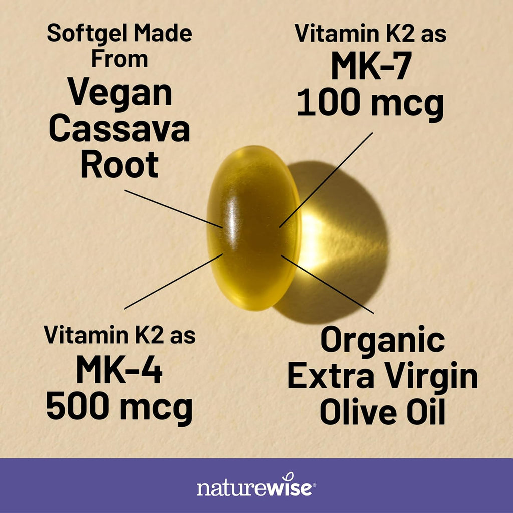 NatureWise Vitamin K2 600mcg Supplement with MK-7 100mcg & MK-4 500mcg - Enhanced Bioavailable Formula - K Complex for Bone and Heart Health - Vegan, Gluten Free, Non-GMO -360 Softgels[1-Year Supply]