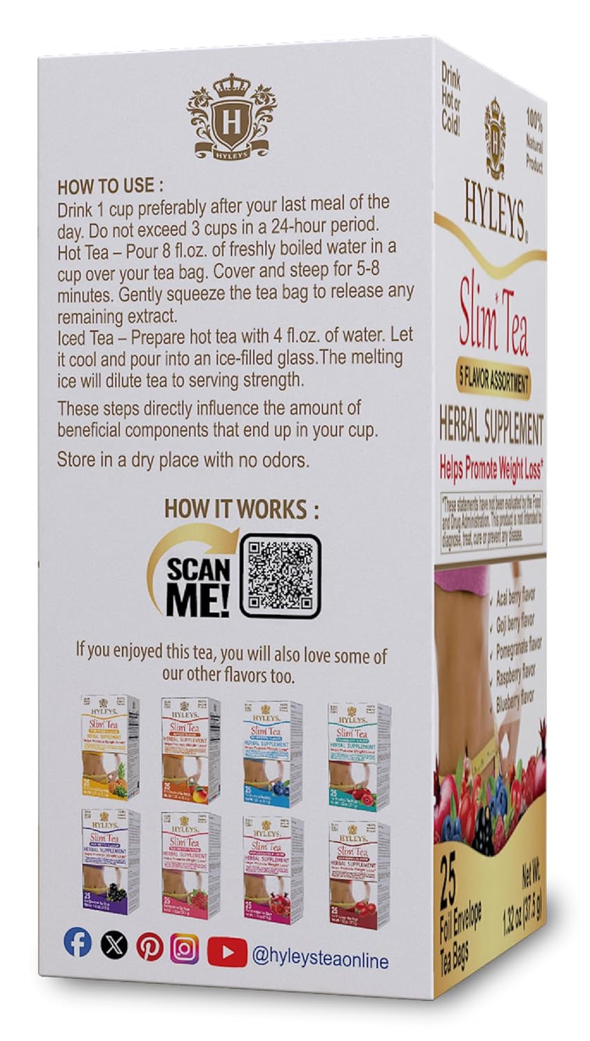 Hyleys Slim Tea 5 Flavor Assortment - Weight Loss Herbal Supplement Cleanse and Detox - 25 Tea Bags (6 Pack)