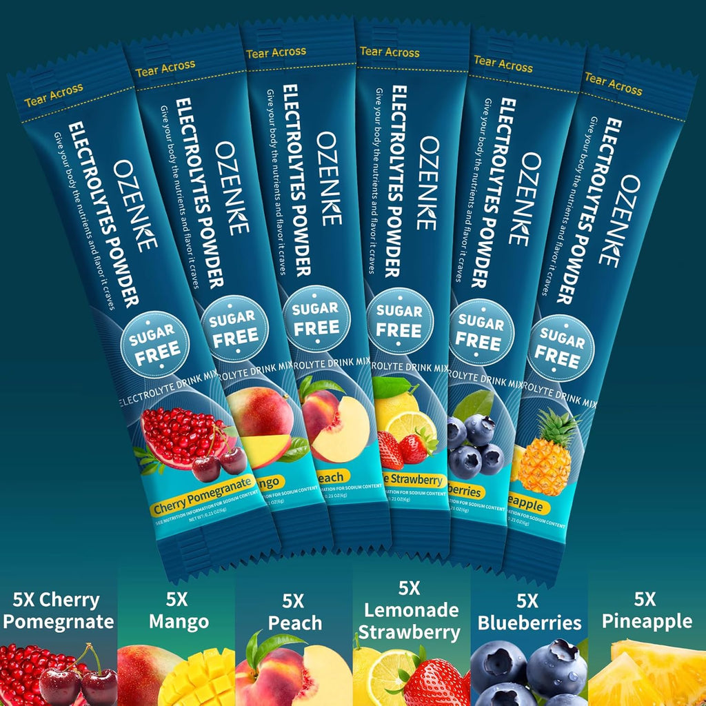 Electrolytes Powder Packets, 30 Sticks Sugar Free Hydration Packets, Electrolyte Drink Mix Travel Electrolyte Packets for Rapid Hydration, 6 Flavors