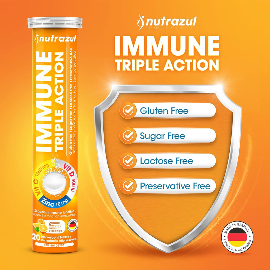 nutrazul Immune Triple Action Effervescent Tablets - Vitamin C 1000 mg, Vitamin D 400 IU, Zinc 10mg I Orange (Pack of 5X20) | Gluten Free, Sugar Free, Lactose Free & Preservative Free